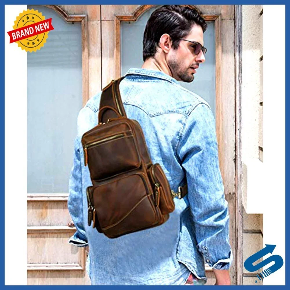 Full Grain Leather Sling Bag Fits 10.5 iPad Crossbody Backpack Men